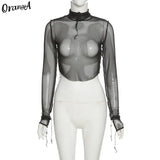 Women Y2K Fashion Sexy Mesh t-Shirt Long Sleeve Striped Tops Turtleneck Stretchy Summer See Though Skinny Thin