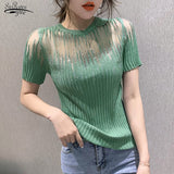 Summer Korean Clothes Knitted shirt Short Sleeve Elastic Tees Sexy Diamonds Transparent Women Tops Ropa Mujer Shirt