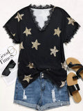 Print Lace V Neck T Shirt Fashion Pentagram Print T Shirt Top Women Short Sleeve Lace Patchwork Tee Summer T Shirt