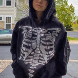 Gothic Rhinestone Letter Print Women's Long Sleeve Pullover Hoodies Zipper Loose Oversized Streetwear Casual 2021 Autumn