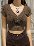 Y2K Summer Tops Floral Print Cute Woman Tshirts Aesthetic Vintage Button Up Ribbed Crop Short Sleeve V Neck Grunge