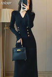 Women Winter Sheath Elegant Midi Knitted Dress Sexy V-neck Long Sleeve Wool Blend Warm Design Knitting Clothing Winter 2023