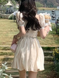 Lace Elegant Dress Women Chiffon Ruched Sweet Party Mini Dress Female Korean Fashion Puff Sleeve Slim Holiday Dress