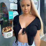 Strap Lace Up Tie Bow Cropped Top T-shirt Women Sexy Club Top T SHIRT Teachwear Clothes SummerVestidos Crop Top Tee