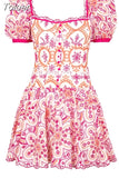 Hook Flower Hollow Dress For Women Square Collar Short Sleeve High Waist Casual Slim A Line Dresses Female Clothing 2023