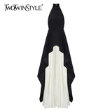 Sexy Two Piece Set Women Halter Sleeveless Open Back Top High Waist Pleated Maxi Skirt Slim Women's Suit Summer