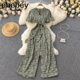 Beach Rompers Female Short Sleeve V Neck Elastic Ruched Loose Casual Bohemian Print Jumpsuits Summer