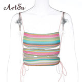 Colorful Stripe Lace Up Crop Top Knitted Crochet Camis Cut Out Backless Bodycon Sexy Vacation Beach Y2K Club