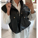 Fashion Waistcoat PU Leather Black Pocket Winter Jacket Women Tops 2020 Short Sleevless Autumn Khaki Coat Vest