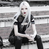Knitted Gothic Vintage Hollowed-Out Short-Sleeved T-Shirt Spring Ins Dark Style Slim Blouse-Outfit