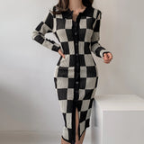 Long Sleeve Polo Plaid Slim Pencil Dresses for Women Evening Party Sexy Split Sweater Bodycon Dress Autumn Winter