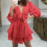 New Spring And Autumn V-Neck Long Sleeve Bubble Sleeves Pure Color With Lotus Leaf Side