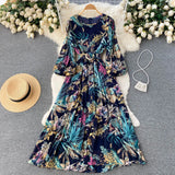 Autumn Bohemian Women Tie Dye Printed Pleated Long Dress Boho O Neck Puff Sleeve High Waist Draped Maxi Vestido