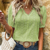 Lace Shirts Women Summer Puff Sleeve Tops Vintage Elegant Pullover White Blouse Women Fashion V-neck Solid Shirt