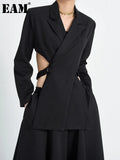 Women Black Backless Hollow Out Irregular Blazer New Lapel Long Sleeve Loose Jacket Fashion Spring Autumn 2023