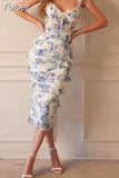 Spring Print Midi Dress For Women Square Collar Sleeveless High Waist Hit Color Slim Bodycon Dresses Female Summer 2023