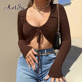 Soild Long Sleeve Lace-up Bandage Crop Top Women Sexy Low Cut Skinny T-shirts Summer Fashion Gothic