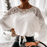 Crochet Embroidery Lace Blouses Women Autumn Sexy Lace Stitching White Shirts Vintage Plus Size Ladies Tops Blusas