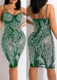 Green Beaded Sexy Strap Midi Party
