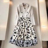 Temperament Short Double Buckle Suit Jacket Female High-End Velvet Mesh Sling Dress Two