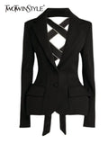 Black Cut Out Bandage Bowknot Blazers For Women Notched Collar Long Sleeve Solid Jackets Female Clothing 2022