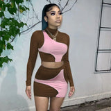 Sexy Colorblock Two Piece Set Long Sleeve Crop Top and Mini Skirt Suits for Women 2021 Clubwear Bodycon Dress
