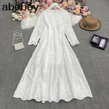 New Spring Fashion All-match O-neck long sleeve Dress high waist slim hollow out lace solid