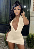 Sexy V-neck Short Sleeves Solid Knitted Mini Sheath Club