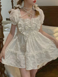 Bow Sweet Dress Women Patchwork Ruffle Chic Party Mini Dress Female Korean Fashion Puff Sleeve Princess Kawaii Dress