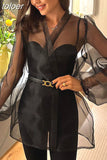 Spring Y2K Blouse Summer Sexy Black See Through Mesh Shirt Women Bubble Sleeve Long Sleeve Shirt Clothes Elegant