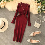 2022 Zipper Autumn Dresses Winter Bodycon Knitted Sweater Midi Pencil Dress Party Knee Length Women Casual Office