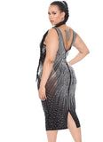 Plus Size Black Deep V Neck Sleeveless Rhinestone Midi
