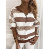 Zipper Tshirts Christmas Print Fashion Casual O-Neck Long Sleeve Elegant Top Pullover T-Shirt Streetwear