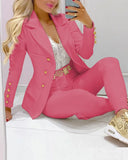 Femme Formal Jacket & Trousers Office Lady Outfits Autumn Women two Pieces set Chain Print Blazer Coat & Pants Suit