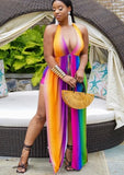Sexy Stripe Print V Neck Sleeveless Slit Long