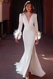 Elegant White Mesh Deep V Neck Long Sleeve Slit Eevening Dress 703-1-Outfit