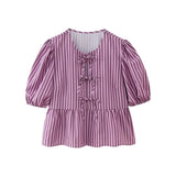 Women's Elegant Kawaii Summer Peplum Blouse Tops Short Puff Sleeve Round Neck Bow Tie-Up Front Babydoll Flare Shirts-Outfit