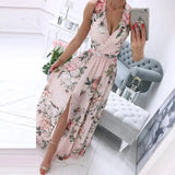 V-Neck Sleeveless Summer Dress Women Chiffon Split Maxi Party Dress Sexy Vintage Floral Print Long Dresses Vestido