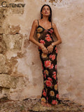 Women's Flower Printed Elegant Maxi Dress Sexy Spaghetti Lady Long Dresses Backless Black Mesh Patchwork Party Robe-Outfit