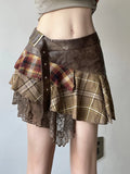 Cloth Forgets The Stray Girl Wasteland Wind Wearing A Check-And-Dress Splicing Skirt Retro V-Shaped Waist Lace