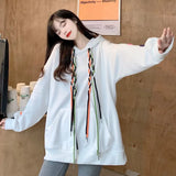 Deeptown Y2k Black Hoodie Women Rainbow Color Rope Sweatshirt Korean Style 2021 Oversize Long Sleeve Pullover Hip Hop Tops