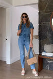 Down Collar One Piece Women Solid Short Sleeve Tight High Waist Overalls Slim Fit Casual Rompers 2023 Long Pants Jumpsuits-Outfit