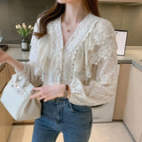 Lace Ruffled Patchwork Blouse Women Spring V-neck Sweet Buttons Solid Ladies Top Long Sleeve Lace Flower Hollow Shirt