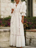 Ruffle Trim White Dress For Women V Neck Lantern Sleeve High Waist Cut Out Solid Ankle Length Dresses Female