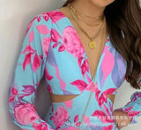 2023 New Spring Sexy Deep V Waist Printed Long-Sleeved Dress In Stock-Outfit