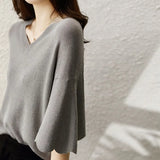 Women's Summer Knitted Shirt Petal Sleeve V-neck Solid Tops Loose Short Sleeve Ice Silk Sweater Women Fashion Shirt