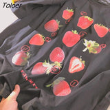 Strawberry Print Shirts for Women Aesthetic Cartoon O-neck Casual Teens Clothes Japanese Fashion Streetwear Woman