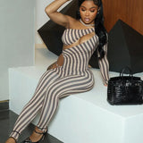Women's Autumn And Winter Striped Print Sexy One-Shoulder Long-Sleeved Foot