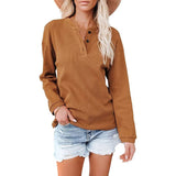 V Neck Solid Top T Shirt Women Button Long Sleeve Vintage Clothes Casual Loose Autumn Spring Tee Pullover