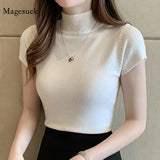 Knitted Turtleneck Blouse Women 2021 Summer Solid Slim Casual Clothing Women Short Sleeve Top Blusa Mujer De Moda 8622